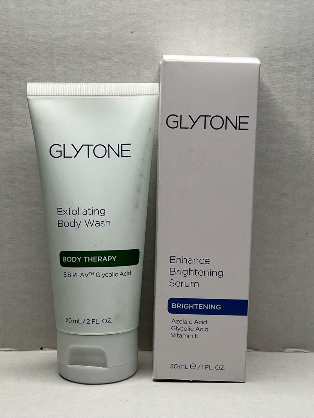 Glytone Exfoliating Body Wash & Enhancing Brightening Serum Duo.